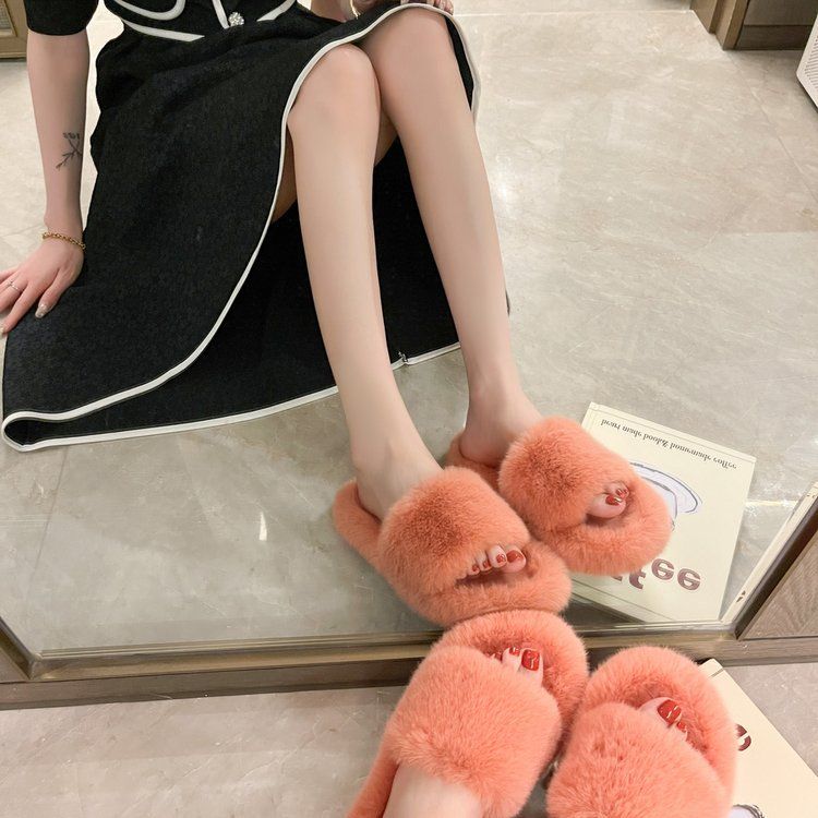 Stazione Europea Maomao Pantofole Donna 2021 Autunno e Inverno Nuovo Fondo Piatto Comodo Una Parola Trawl Popolare Fondo Spesso Esterno Indumento Cotone Slip_voghion.com