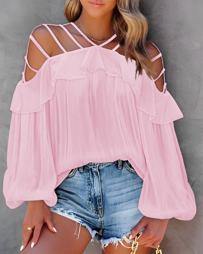 Top da donna a maniche lunghe con volant e spalle scoperte, vestibilità slim, molto venduto_voghion.com