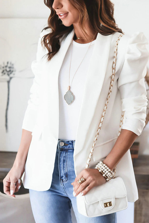 Women's long-sleeved shoulder pads + lined lapels slim small suit_voghion.com