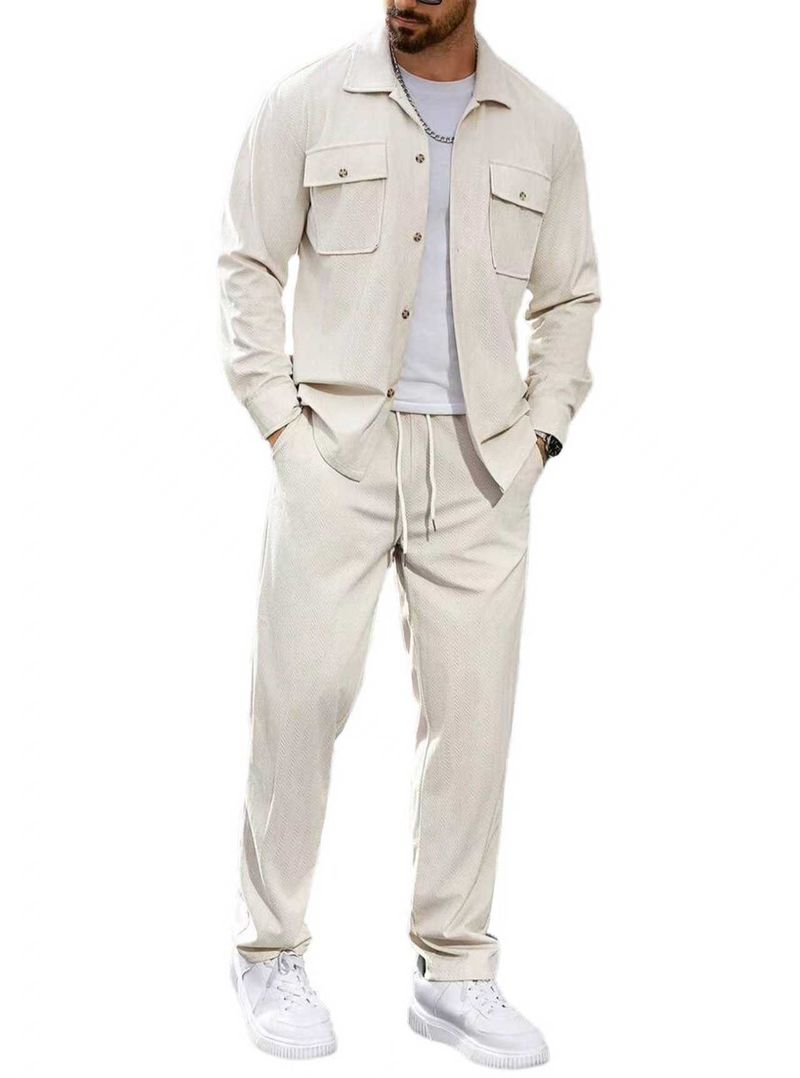 Completo sportivo casual da uomo in due pezzi con semplice giacca con risvolto, tasca con bottoni e pantaloni dritti_voghion.com