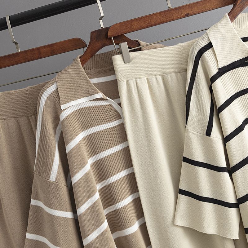 Women's Clothing contrast striped fashion suit new casual loose knitted wide leg pants two piece suit_voghion.com