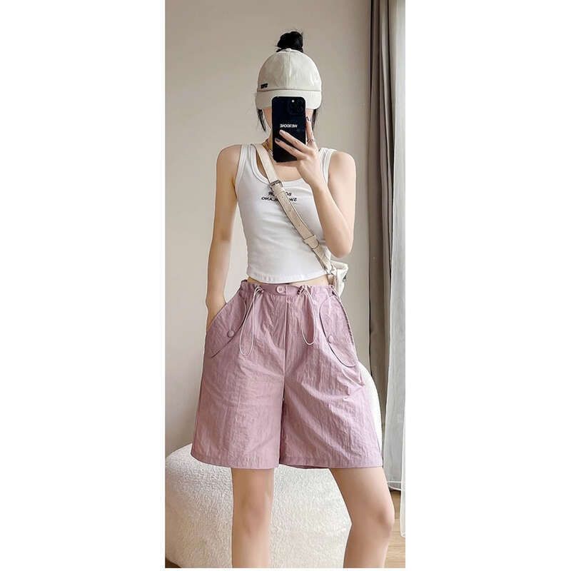 Pantaloncini da lavoro rosa da donna, estivi, larghi, sottili, ad asciugatura rapida, casual, a vita alta e gamba larga, cinque quarti_voghion.com