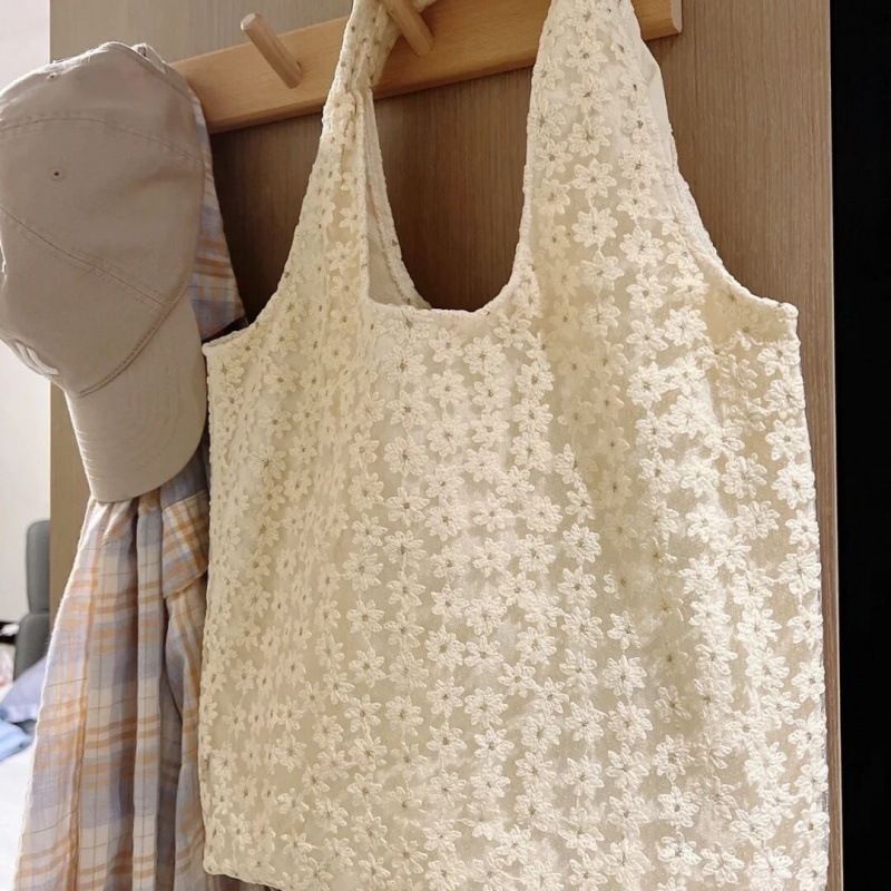 Bolsa de lona para estudantes, pequena bolsa branca de malha estilo coreano com flor, grande capacidade, axila, fada de verão_voghion.com