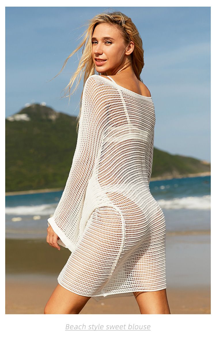 Plus Size Women's Hollow Out Crochet Bikini Beachwear Mesh Beach Sun Protection Cover-Up_voghion.com