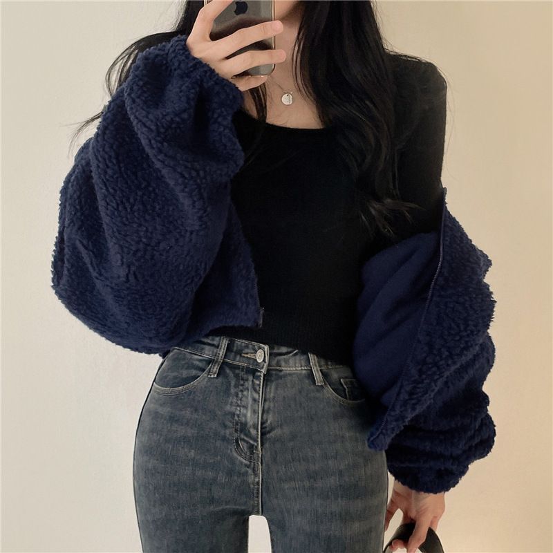 Women's Stand Collar Cropped Fleece-Lined Sweatshirt Winter Oversized Zip-Up Hoodie With Sherpa Lining Ins Style_voghion.com