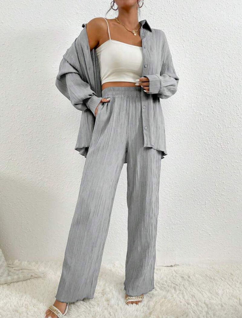 Ensemble deux pièces décontracté pour femmes européennes et américaines, couleur unie, drapé, ample, lisse, plissé, printemps et automne_voghion.com