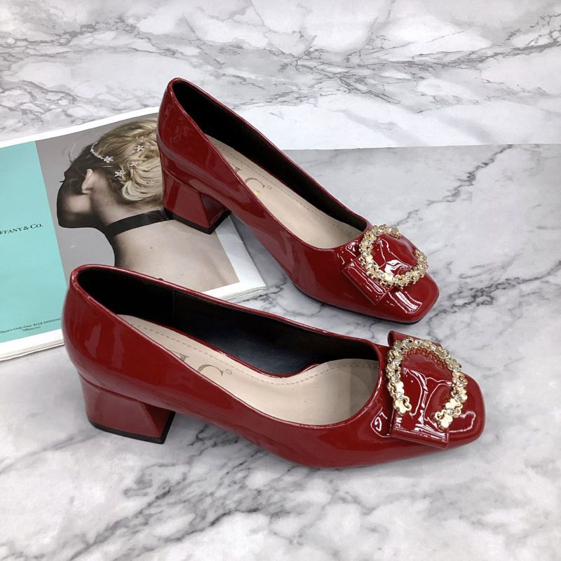 Women's Shoes New Shallow Mouth Patent Leather Flower Buckle Medium And High Heels Women's Square Head Thick Heel Mirror Single Shoes_voghion.com