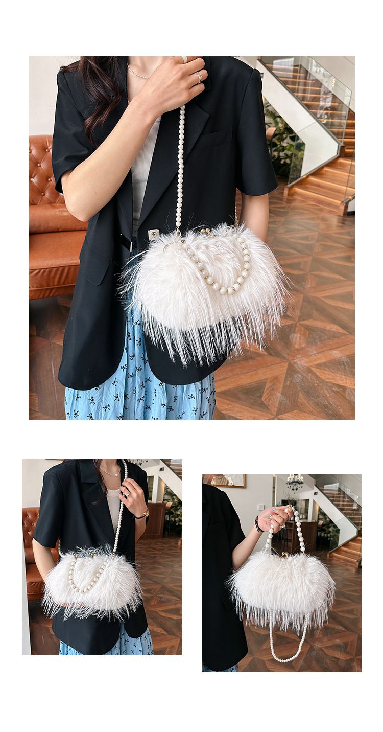 Borsa a tracolla con tracolla in stile fata, piccola borsa quadrata con catena di perle di peluche di grande capacità_voghion.com
