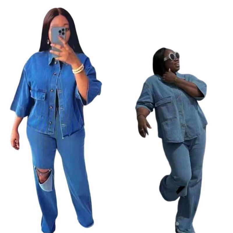 Europäischen und amerikanischen heißer Verkauf neue Mode Persönlichkeit Shirt Top Loch Denim Hose zweiteiliges Set_voghion.com