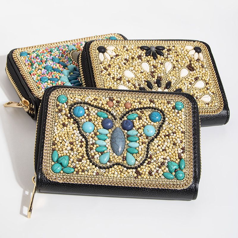 Geldbörse, Brieftasche, Clutch, böhmischer Stil, Reisperlen, Schmetterlingsblumen, exquisite Pu-Reißverschluss-Kartentasche, kleine Geldbörse, Geldbörse für Damen_voghion.com