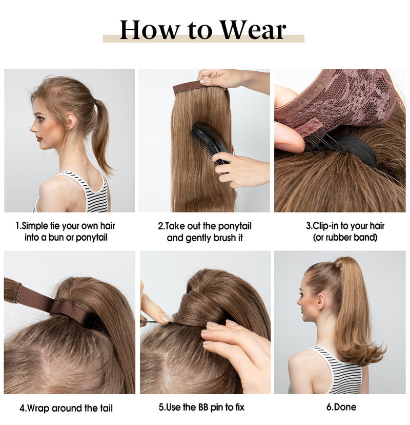 Synthetic hair long straight hair elastic Velcro synthetic fiber wig ponytail braid_voghion.com