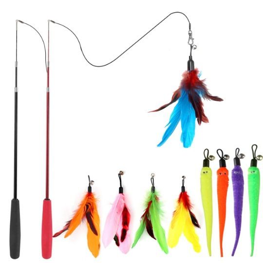 Bacchetta di peluche per gatti con testa di piuma sostituibile e asta estensibile, set di giocattoli da masticare per l'autointrattenimento dei gatti_voghion.com
