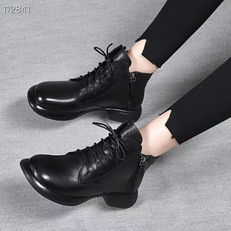 2025 Autumn Winter New Style Short With Turn-down Collar, Double Zipper Martin Top Layer Cowhide Flat Boots, Women's_voghion.com
