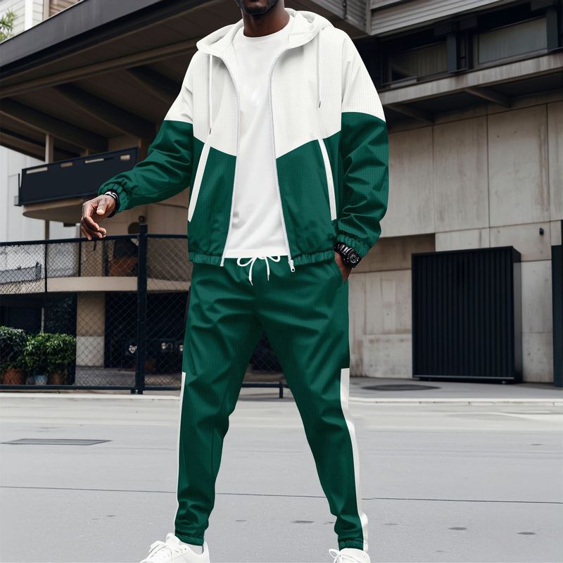 Ensemble veste et pantalon de survêtement zippés color-block pour homme – Noir/Vert/Bordeaux (S-XXXL, 100 % polyester, léger pour un style streetwear et décontracté)_voghion.com