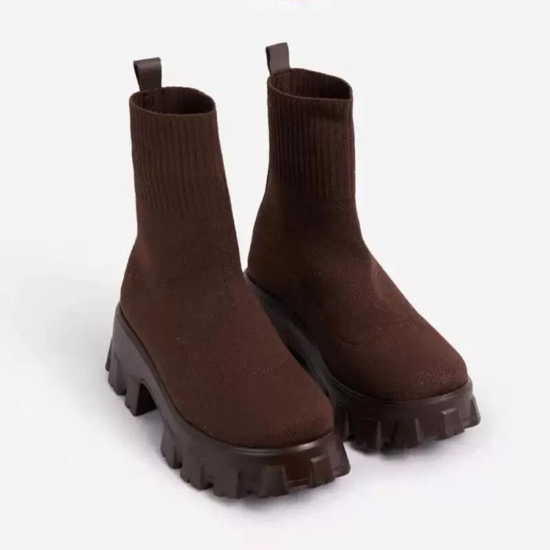 Zīmola SHLIANG Sieviešu puszābaki Viegli ikdienas apavi sievietēm Wedge Fashion Zeķu zābaki Adīšana Ziemas Vidēja Tube Platform Boot SB159_voghion.com