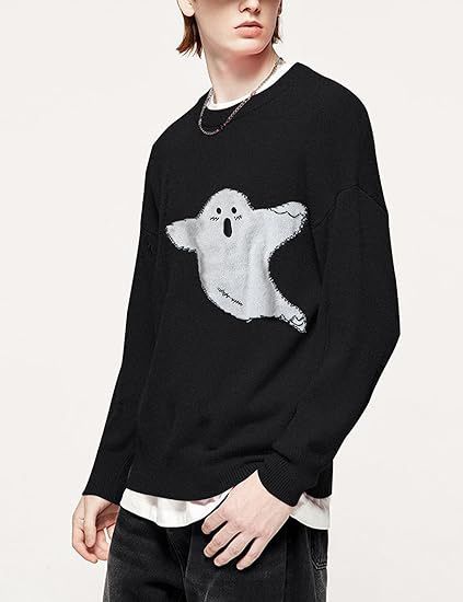 Retro Chic Unisex Knit Sweater With Unique Gothic-Inspired Design - Cozy Oversized Fit For Streetwear Lovers (Black/Grey)_voghion.com