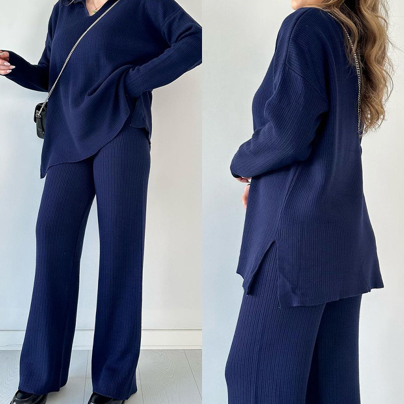 Moda feminina cor sólida bainha solta suéter com fenda conjunto de duas peças para mulher_voghion.com
