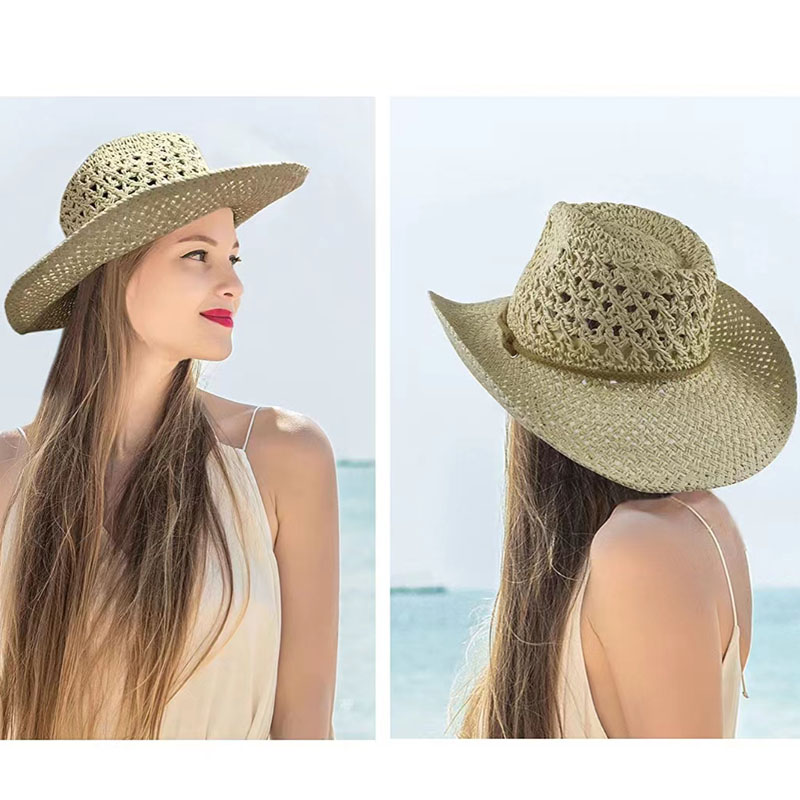 Vendita calda Panama Cappelli estivi da sole Donna Uomo Traforato Spiaggia Paglia per Uomo Protezione UV Cappello Chapeau Femme Cappello da cowboy da donna_voghion.com