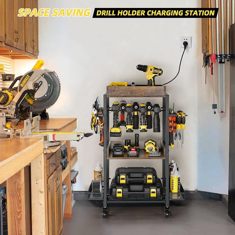 Floor tool cart electric drill rack electric tool rack charging drill storage rack garage tool storage rack_voghion.com
