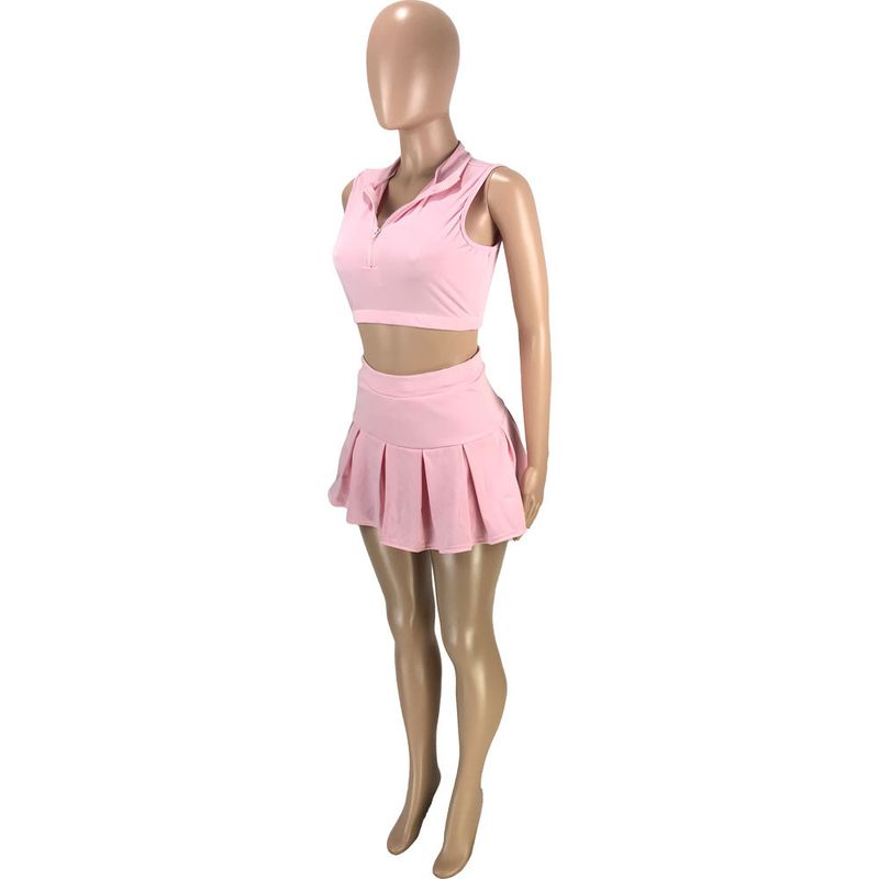 Damenmode lässig sexy einfarbig plissierte Taille schlanke Weste Culottes Sport zweiteiliges Set_voghion.com