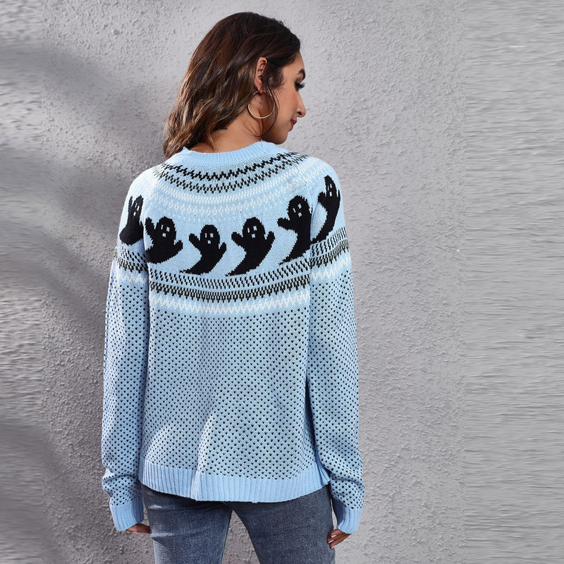 "Maglione oversize a pois con maniche a lanterna e motivo fantasma di Halloween Y2K 2025 | Streetwear per festival europei"_voghion.com