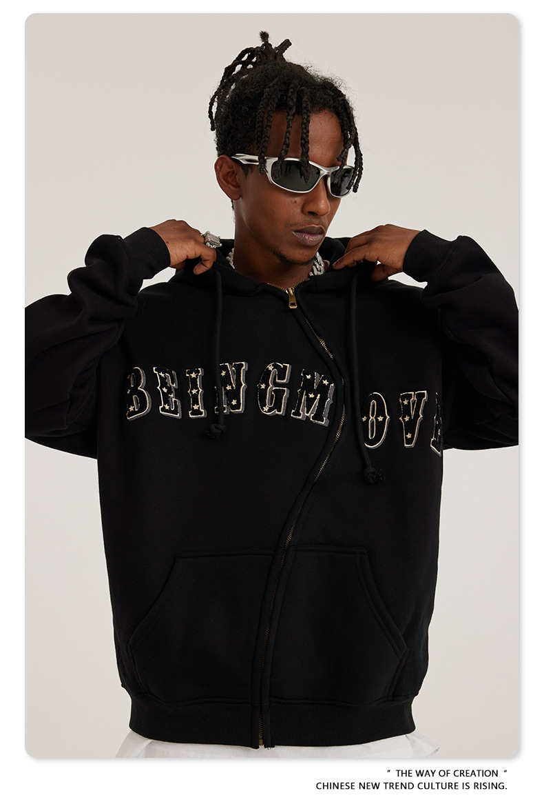 Herr höst och vinter tungvikts amerikansk handduk broderad polar fleece S-formad dragkedja sweatshirt lös trendig märkeshuvtröja för män_voghion.com