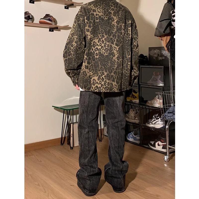 Chemise en jean délavé à imprimé léopard pour homme, tendance printemps et début d'automne 2024_voghion.com