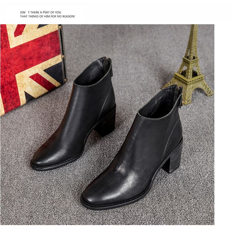 Retro Brown Spring And Autumn Chunky Heel Calf Skin Women's Boots_voghion.com
