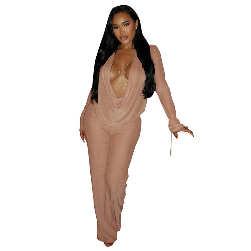 Completo sexy con camicetta e pantaloni svasati con scollo a V profondo, maniche in pizzo e pantaloni a gamba larga con lacci (blu, nero)_voghion.com