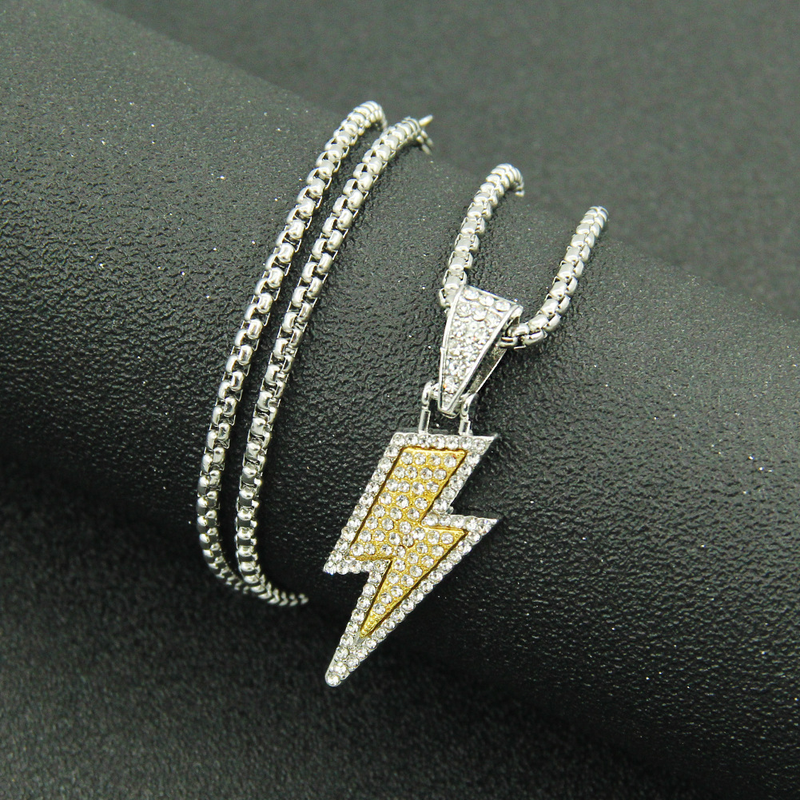 Collana Hip Hop Collana con ciondolo fulmine in zircone CZ bianco pieno per uomo Accessori per gioielli di moda con collo a catena ghiacciato da donna_voghion.com