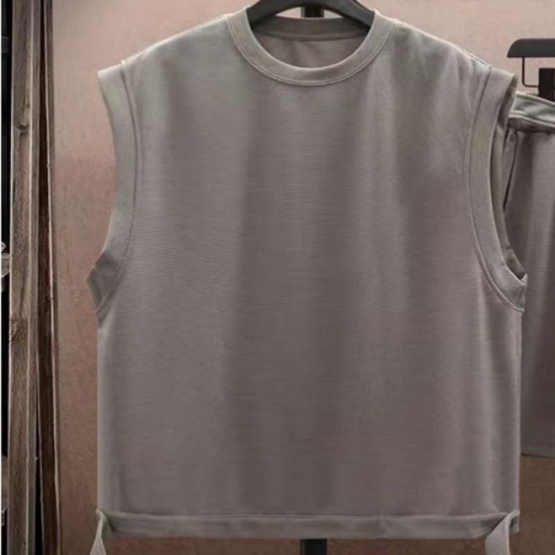 Waffle Texture Summer Casual Fashion Men's Trendy Loose Tank Top Sleeveless Vest Shorts Two-Piece Set_voghion.com