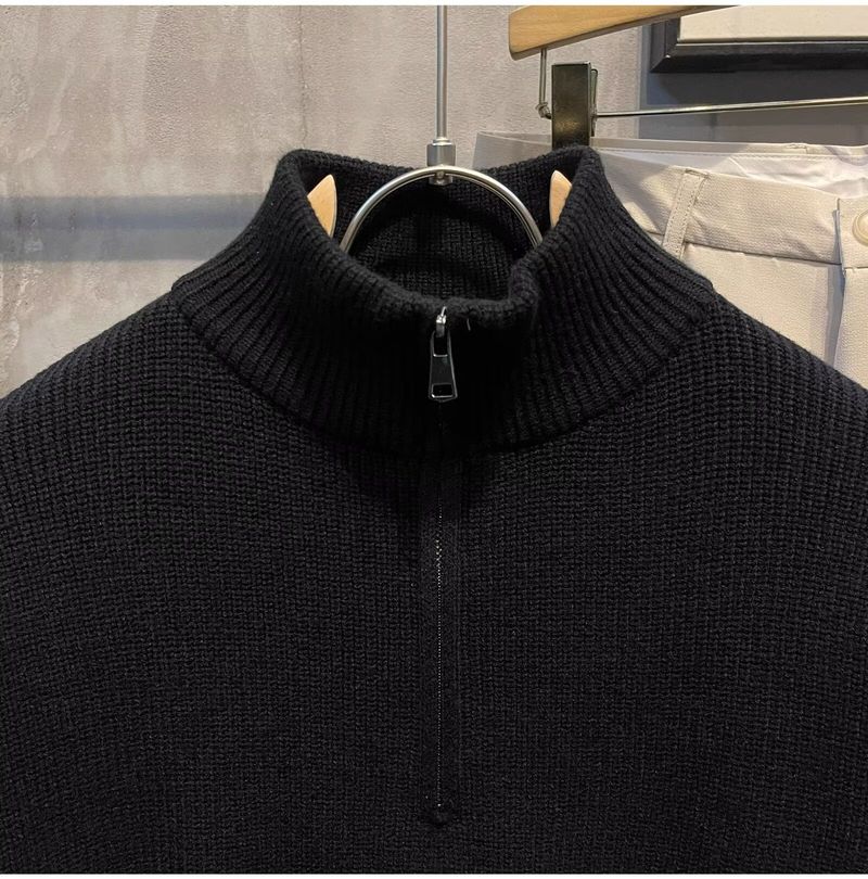 Pull en tricot demi-zip pour homme – Pull décontracté rayé style Hong Kong pour l'automne et l'hiver (noir, tailles M à 3XL)_voghion.com