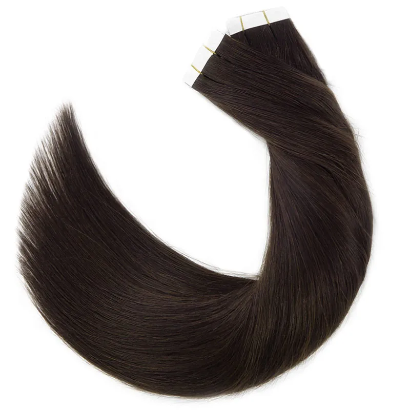Extensiones de cabello humano Remy liso de color castaño oscuro con cinta adhesiva_voghion.com