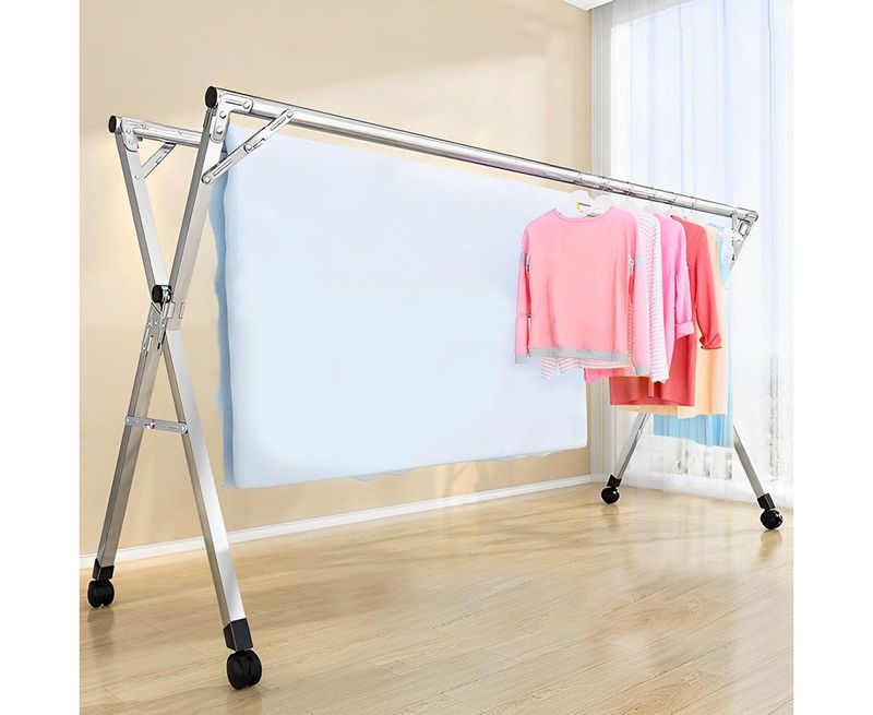 SOGA 2.4m Portable Standing Clothes Drying Rack Foldable Space-Saving Laundry Holder With Wheels_voghion.com