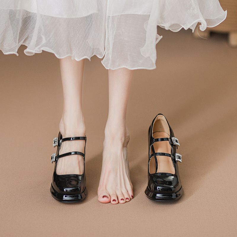 JK Academy, scarpe con tacco alto nere impermeabili con gonna e cinturino, comode Mary Jane con strass, stile francese_voghion.com