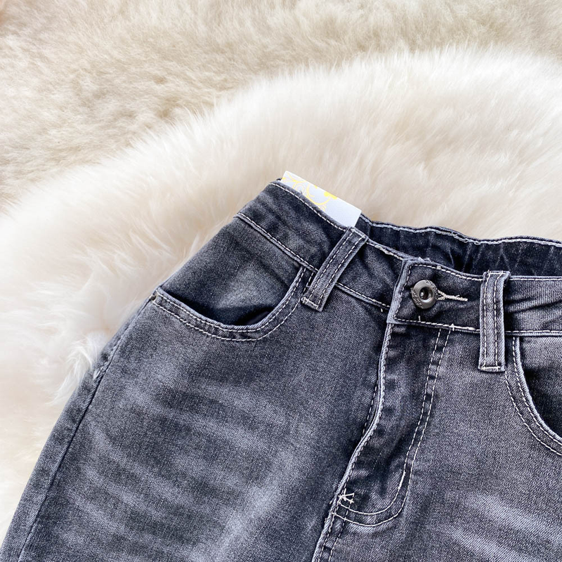 Jeans femininos com costura de borda crua micro-queimada para mulheres com borla elástica fina calça larga_voghion.com