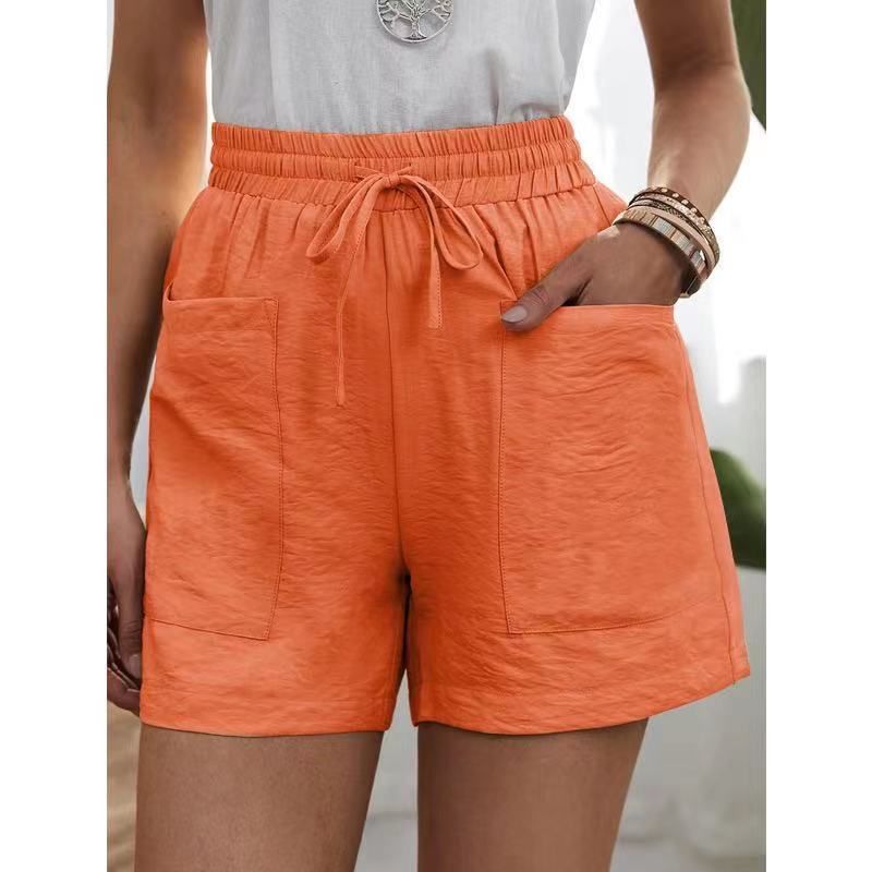 Pantaloncini da donna alla moda, pantaloncini da tuta estivi in lino, tasche a vita alta, misto cotone, tasche, vita elastica, pantaloncini larghi_voghion.com