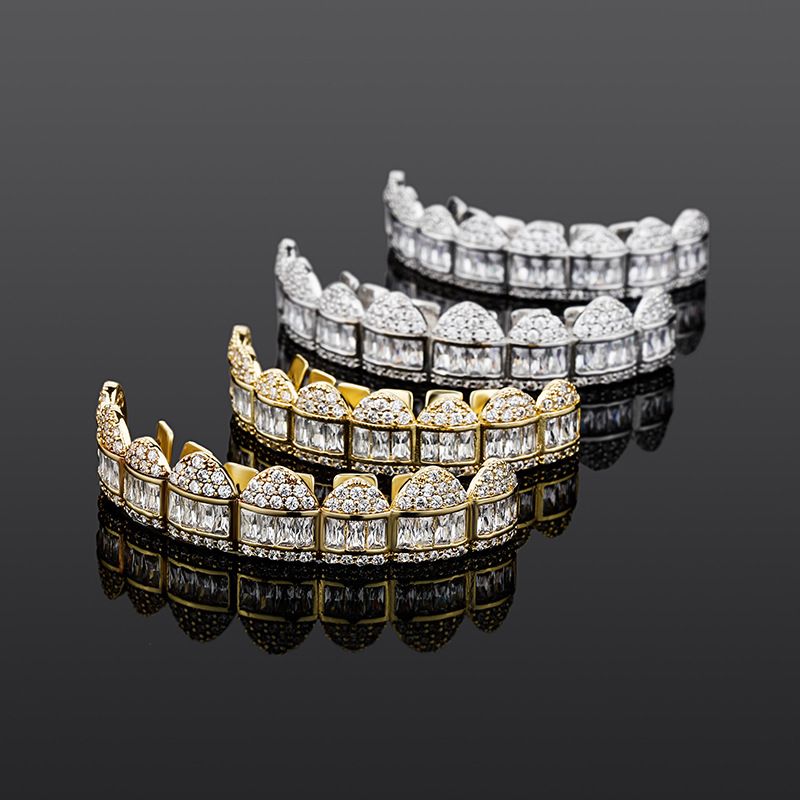 Gioielli da uomo e da donna, grillz hip hop in oro e argento con zirconi cubici - Gioielli a scatto con 8 denti per feste, Halloween e celebrazioni festive_voghion.com