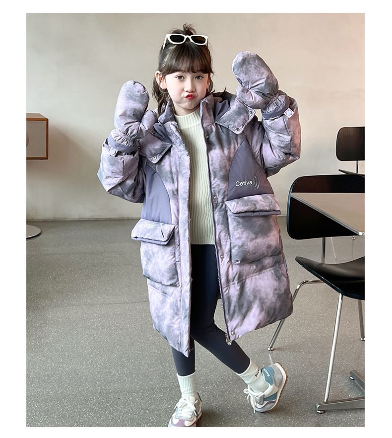 "Kids' Winter Hooded Down Jacket – Tie-Dye Style With Matching Gloves, Medium & Large Sizes (120-170cm), Warm & Stylish"_voghion.com