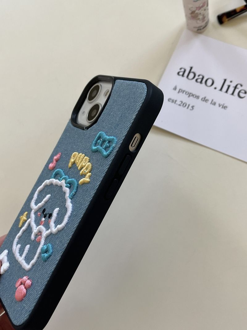 Mobile phone case denim puppy suitable for iPhone15promax Apple 14 mobile phone case embroidery 13 cute 12 new style_voghion.com