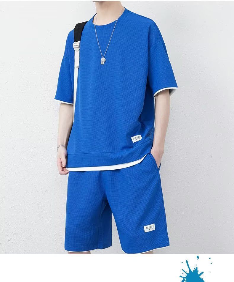 Herren Casual Sportanzug Sommer Eis Trend Lose Waffel Kurzarm Shorts Ein Satz Kleidung Hübsches Match_voghion.com