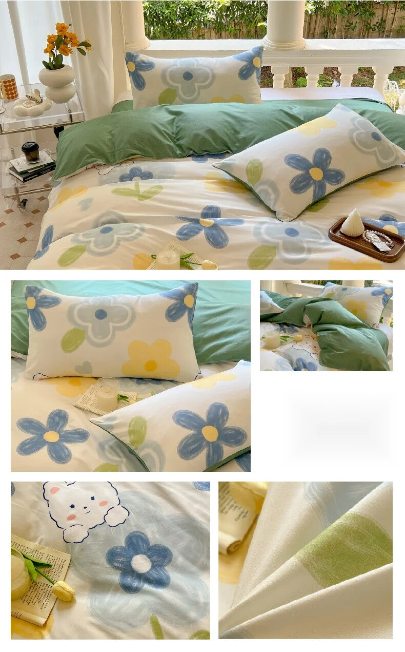Pequeñas y frescas cuatro sábanas y fundas de edredón, dormitorio de estudiantes de primavera, tres juegos de ropa de cama de una sola pieza con dibujos animados_voghion.com