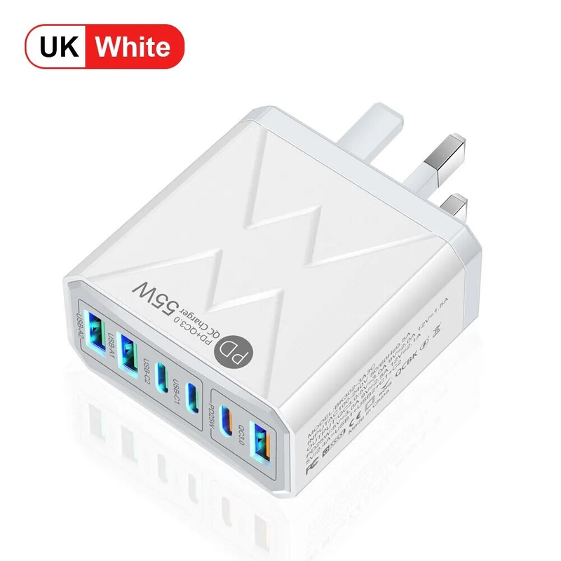 6 in 1 55W PD USB Schnellladung Quick Charge 3.0 Reiseladegerät für iPhone Samsung Huawei Xiaomi Handy_voghion.com