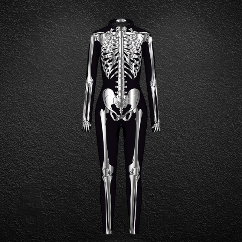 Ženska oblačila za noč čarovnic, ženski oprijeti kombinezon s potiskom človeškega okostja_voghion.com