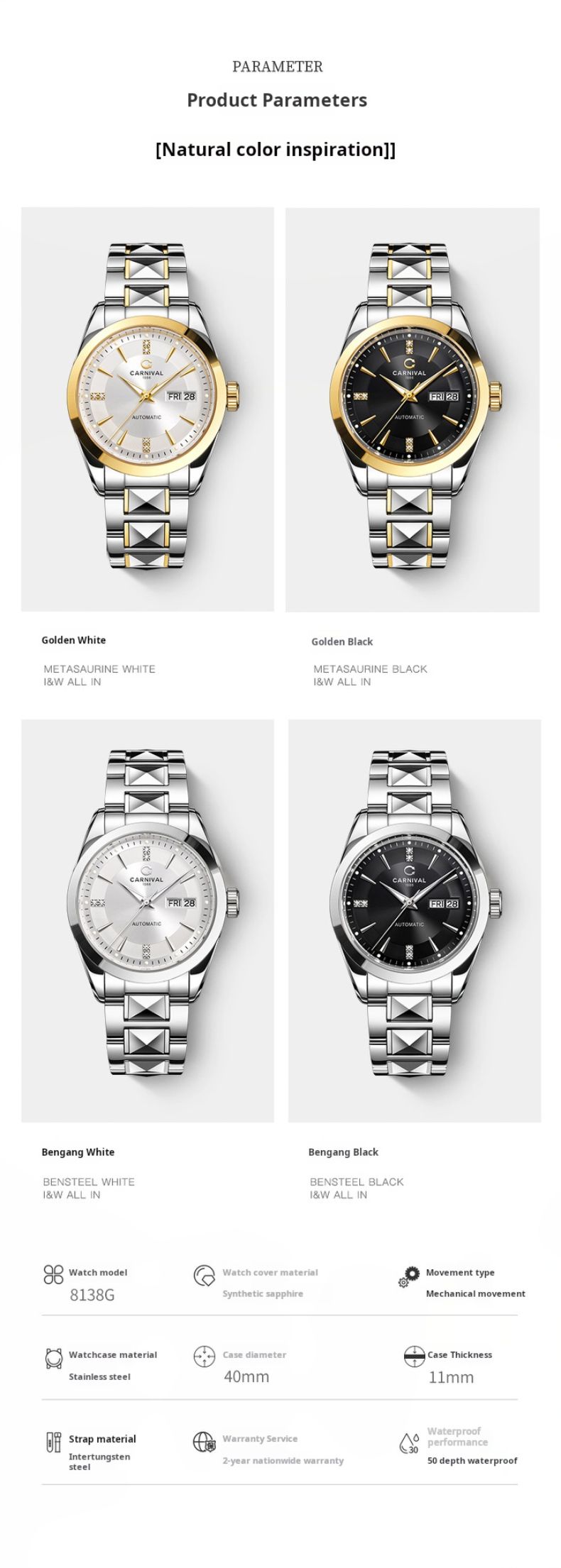 Carnival Marke High-End-Serie Luxus NH36A Mechanische Uhr Männer Wolfram Stahlband 50M Wasserdicht Woche Datum Uhren Herren_voghion.com