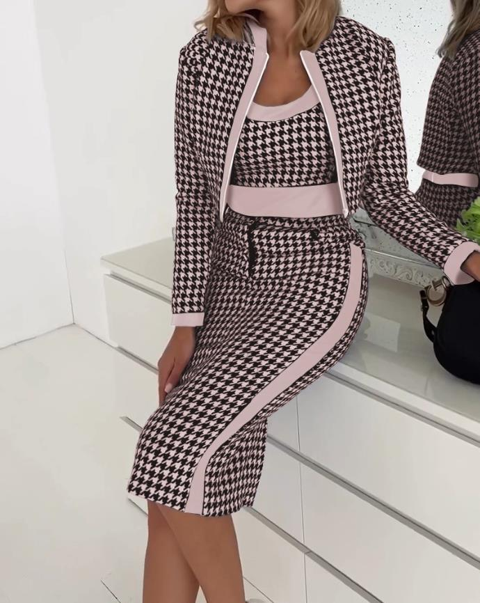 Giacca da donna a maniche lunghe stampata, fresca e dolce, alla moda, primaverile e autunnale, con gilet e gonna in tre pezzi_voghion.com
