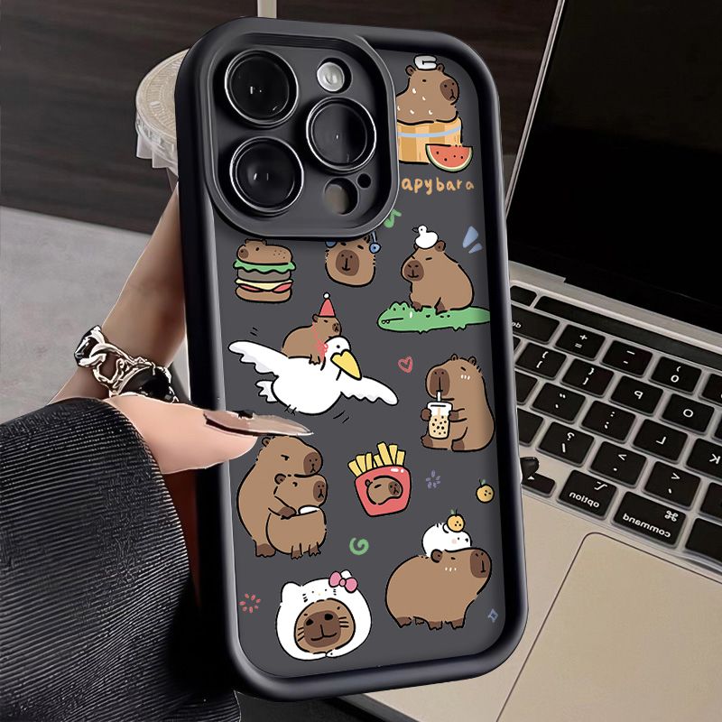 Hauska sarjakuvamainen kapybarakuori iPhone 16 15 14 13 12 11 Pro Max X XS X S Max XR SE 2020 7 8 Plus -puhelimelle. Iskunkestävä pehmeä silikonikuori._voghion.com