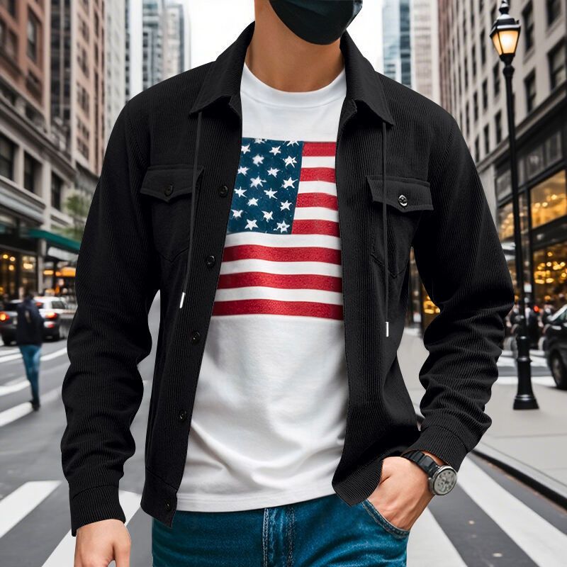 Autumn American Heavy Corduroy New Simple Versatile Multi Pocket Long Sleeved Stand Up Collar Jacket Men's Clothing_voghion.com