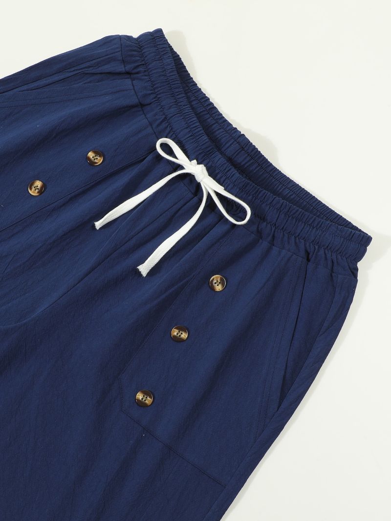 Pantaloncini estivi da uomo in cotone e lino, casual americani, larghi e dritti, con bottoni_voghion.com