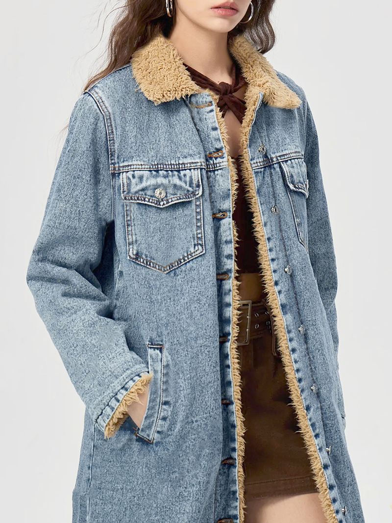 Giacca lunga oversize in denim da donna con fodera in pile - Cappotto invernale alla moda da strada_voghion.com